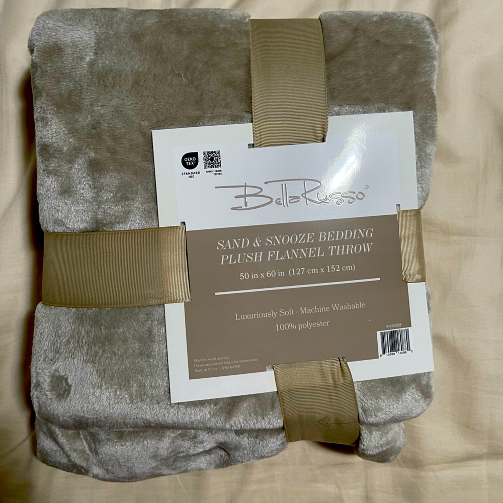 Bella Russo sand & snooze bedding plush flannel throw tan